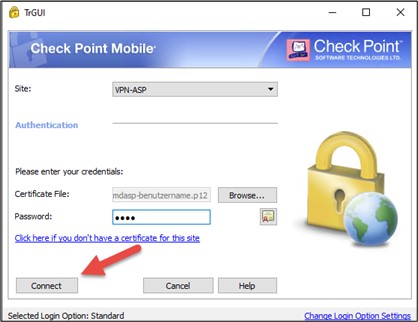 Screenshot der Zertifikat Verbindung und Eingabe des Passworts. Der Pfeil zeigt auf "Connect".