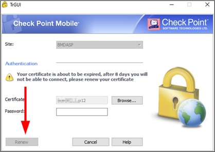 Screenshot zur Zertifikatserneuerung mit Pfeil auf den Button "Renew".