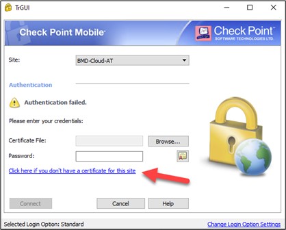 Screenshot der Passwortabfrage, der Pfeil zeigt auf "Click here if you don't have a certificate for this site"