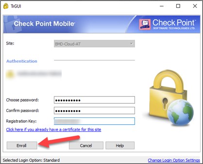 Screenshot der Anmeldung, der Pfeil zeigt auf "Enroll"