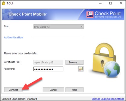 Screenshot der Passworteingabe, der Pfeil zeigt auf "Connect"