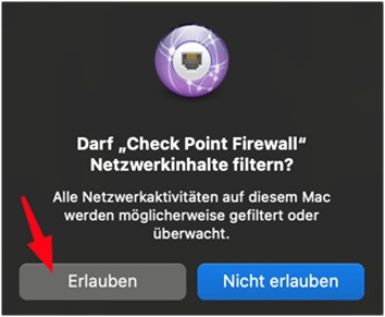 Sicherheitsabfrage: "Check Point Firewall" möchte Netzwerkinhalte filtern – Pfeil auf "Erlauben"