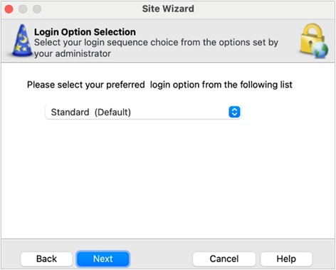 Auswahl der Anmeldeoption "Standard (Default)" im Site Wizard