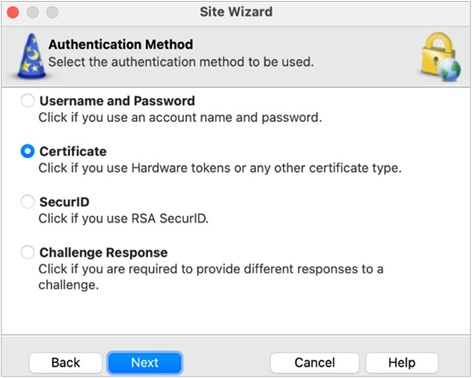 Site Wizard mit aktivierter Authentifizierungsoption "Certificate"