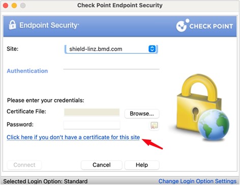 Hauptfenster des Check-Point-Mobile-Clients mit Pfeil auf "Click here if you don't have a certificate for this site"
