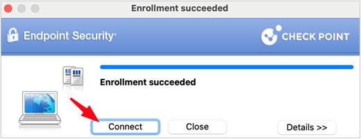 Meldung zum Abschluss des Enrollments mit Pfeil auf "Connect"