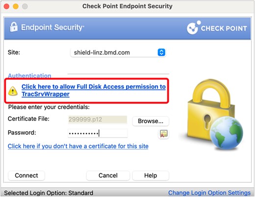 Passworteingabe mit Hervorhebung von "Click here to allow Full Disk Access permission to TrackSrvWrapper"