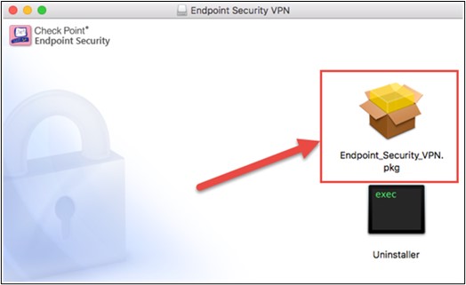 Screenshot der VPN-Installation; ein Pfeil zeigt auf Endpoint_Security_VPN.pkg
