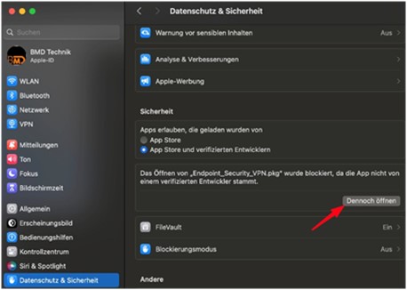 Einstellungen zu Datenschutz & Sicherheit; Pfeil auf den Button "Dennoch öffnen"