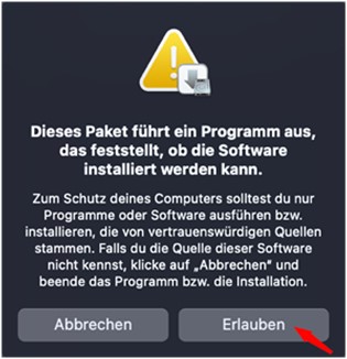 Dieses Paket führt ein Programm aus, das feststellt, ob die Software installiert werden kann. Pfeil auf die Schaltfläche "Erlauben"