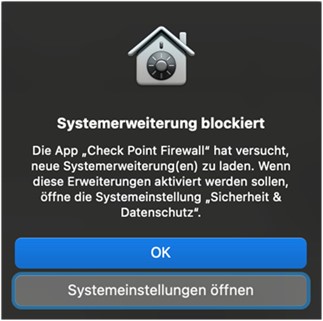 Information, dass eine Systemerweiterung von "Check Point Firewall" blockiert wurde mit Optionen "OK" und "Systemeinstellungen öffnen"