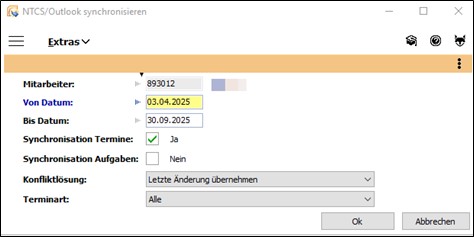 Zu sehen ist ein Screenshot des NTCS/Outlook Synchronisierungsfensters