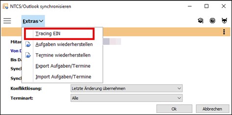 Das Bild zeigt einen Screenshot des NTCS/Outlook Synchronisierungsfensters bei dem Tracing EIN markiert ist