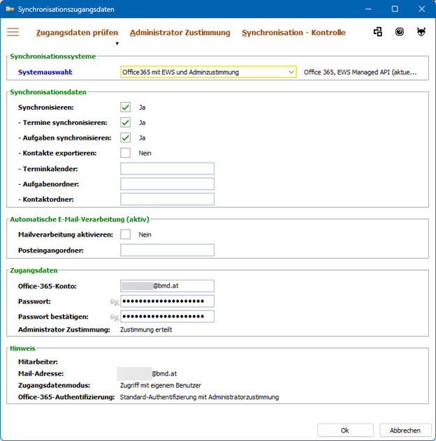 Der Screenshot zeigt das Fenster, in dem die Synchronisationszugangsdaten hinterlegt werden.