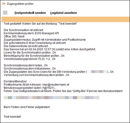 Screenshot des Fensters zur Prüfung der Zugangsdaten