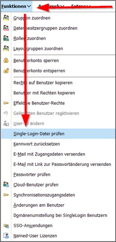 Screenshot des Funktionsmenüs; ein Pfeil zeigt auf "Single Login Datei prüfen".