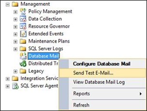Screenshot of the "Send Test E-Mail" option in the Database Mail context menu