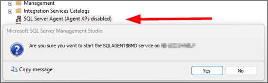Screenshot of the "Microsoft SQL Server Management Studio" window with a prompt asking whether to start the service