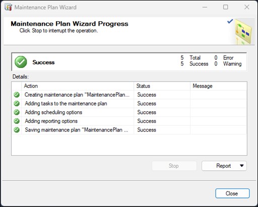 Screenshot showing the progress of the Maintenance Plan Wizard