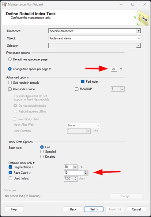 Screenshot of the step "Define Rebuild Index Task" with the necessary settings