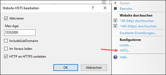 Screenshot: Website-HSTS bearbeiten