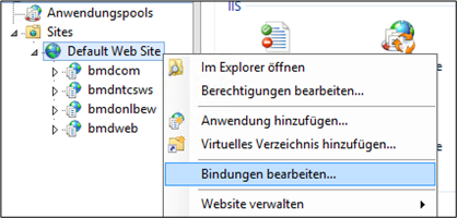 Screenshot of the "Edit Bindings…" option under "Default Web Site"