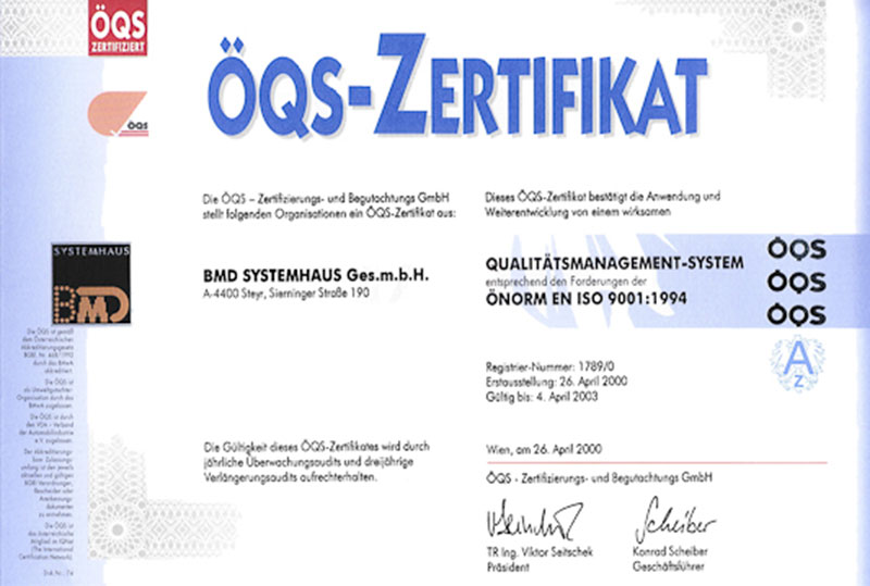 BMD wird nach ISO9001 zertifiziert