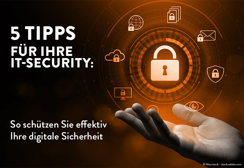 Das Bild zeigt eine offene Hand und verschiedene Symbole für IT-Security, wie zum Beispiel ein Schloss. [© Murrstock - stock.adobe.com]
