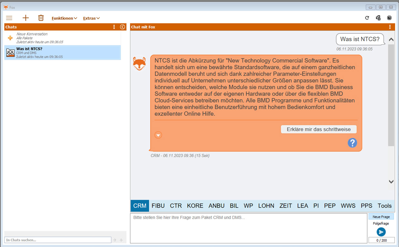 Das Bild zeigt eine Chat-Anfrage an BMD Fox sowie seine Antwort, in der er genau beschreibt, worum es sich bei NTCS handelt.