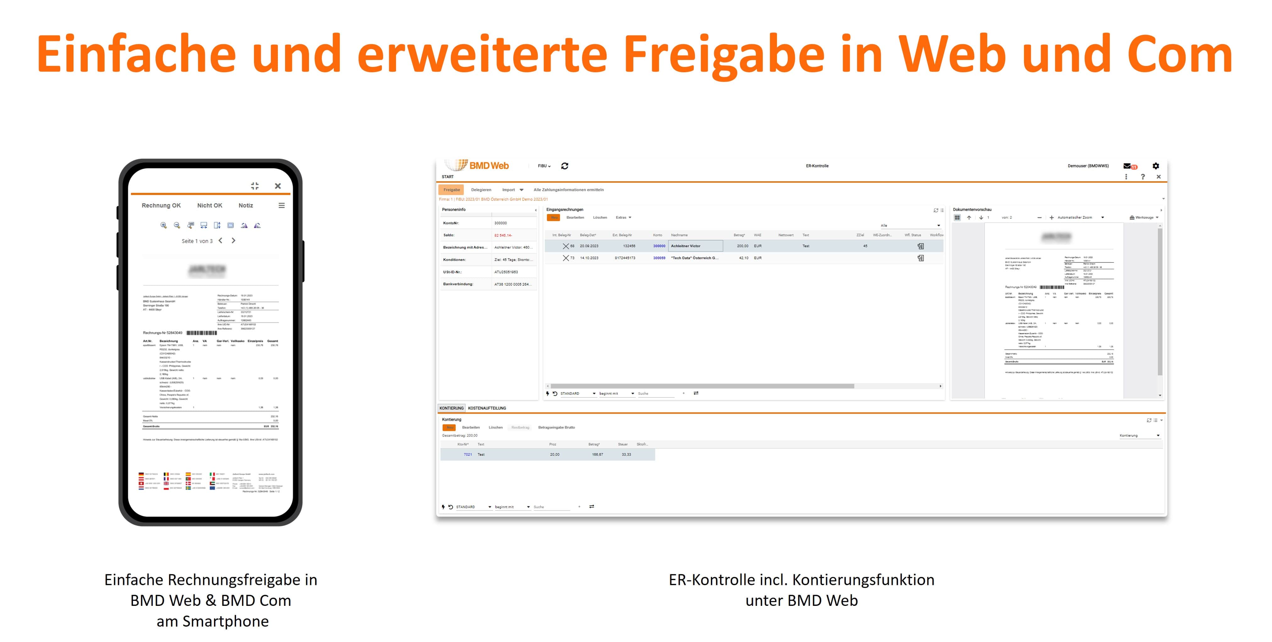 Man sieht ein Smartphone sowie die Anzeige der Rechnungsfreigabe/ER-Kontrolle
