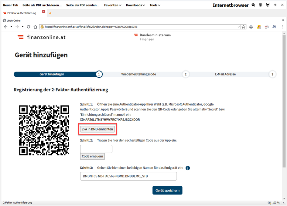 Screenshot Registrierung 2FA in FinanzOnline mit BMD