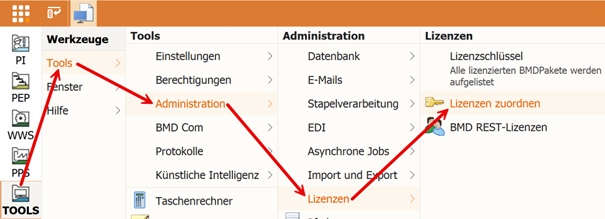menue-bmd-lizenzzuordnung Screenshot von Menü Pfad zur Bearbeitung von Lizenzzuordnungen in BMD.