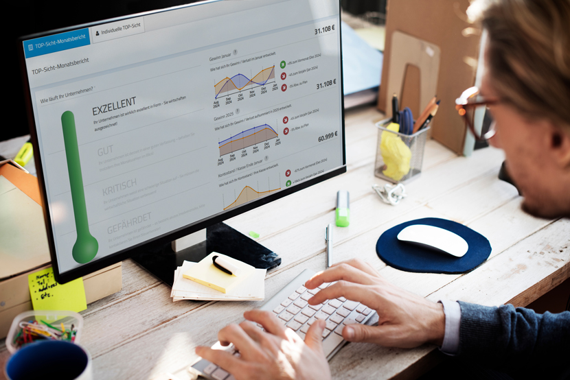 Person arbeitet am Computer und analysiert einen Finanzbericht mit Diagrammen und Leistungskennzahlen auf dem Bildschirm.