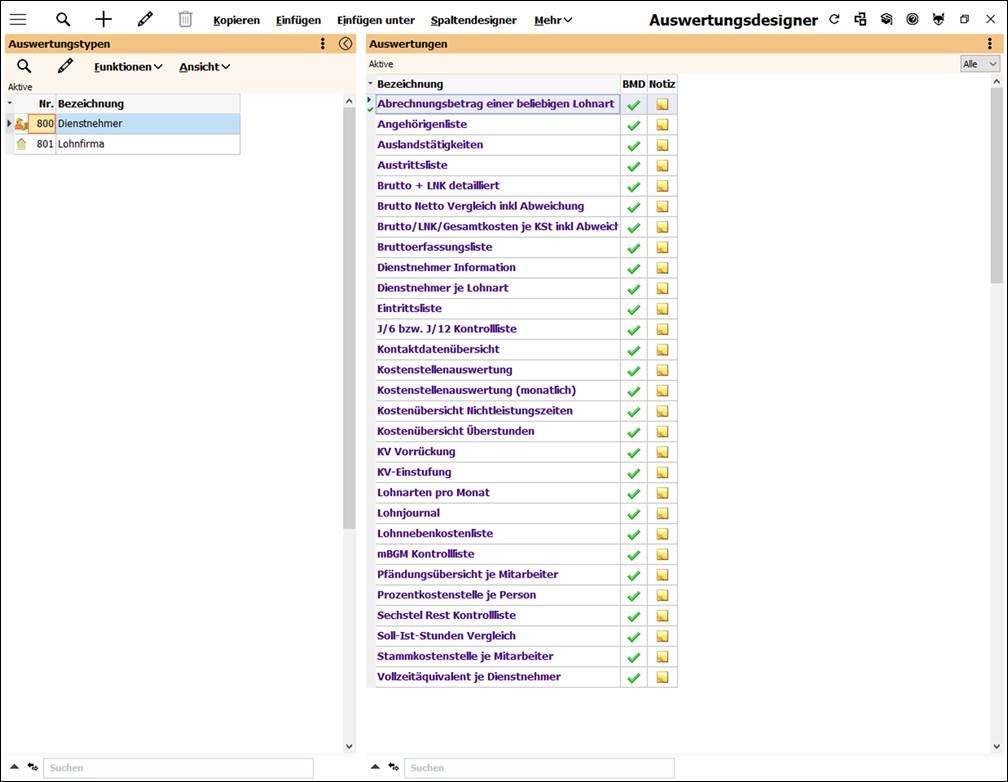 Das Bild zeigt die Auswertungstypen und die zugehörigen Standardlisten.