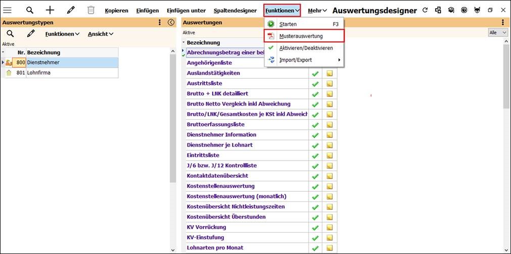 Das Bild zeigt den Aufruf der Musterauswertung.