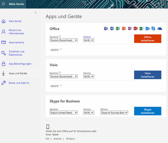 Der Screenshot zeigt die Apps und Geräte-Ansicht im Microsoft-Konto.