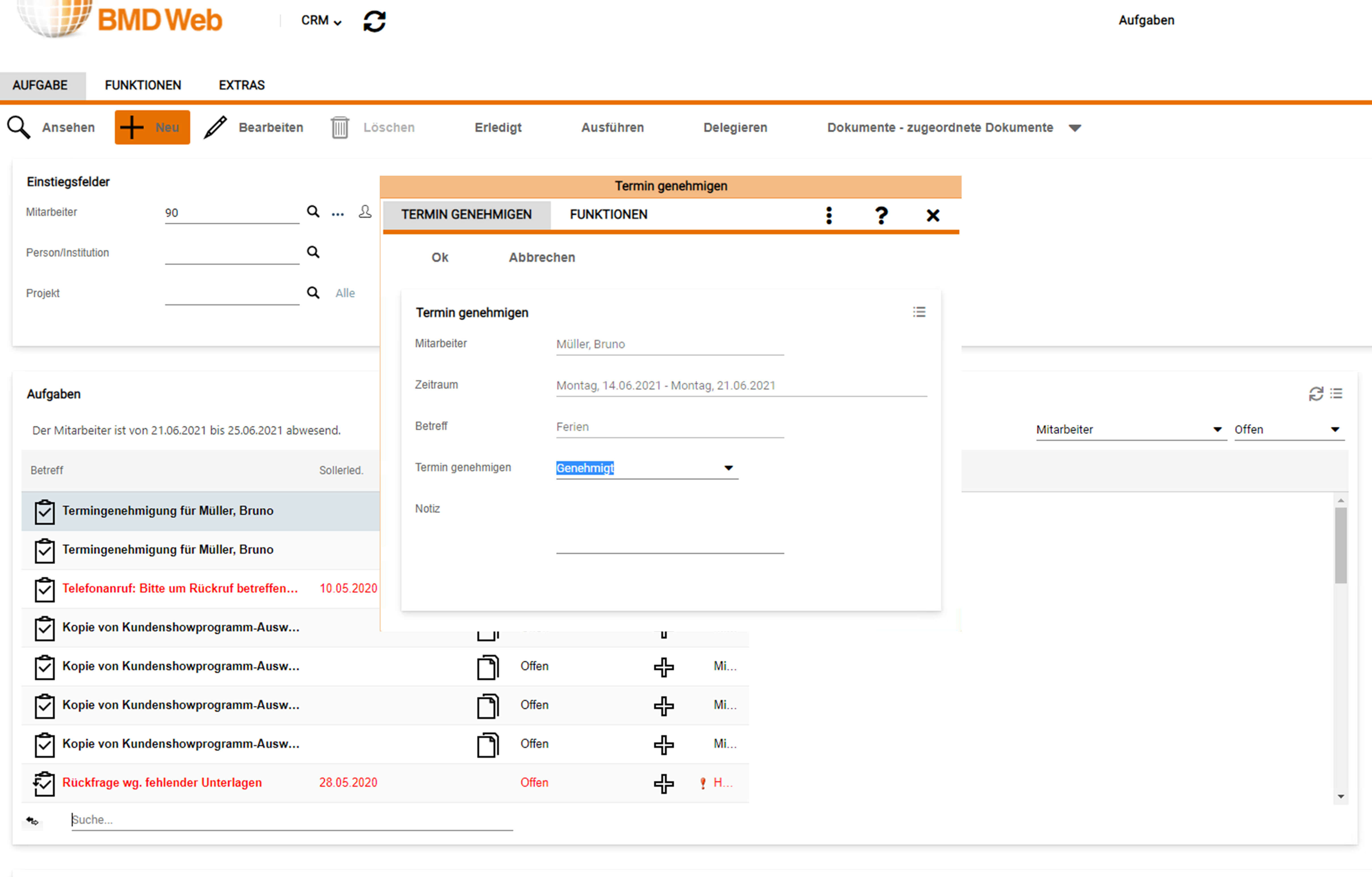 Das Bild zeigt die Urlaubsgenehmigung im BMD Workflow.