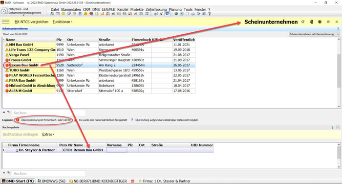 Sie sehen eine tabellarische Listung von Firmen. Im unteren Bereich wird das Suchergebnis angezeigt, wenn ein Scheinunternehmen gefunden wurde.