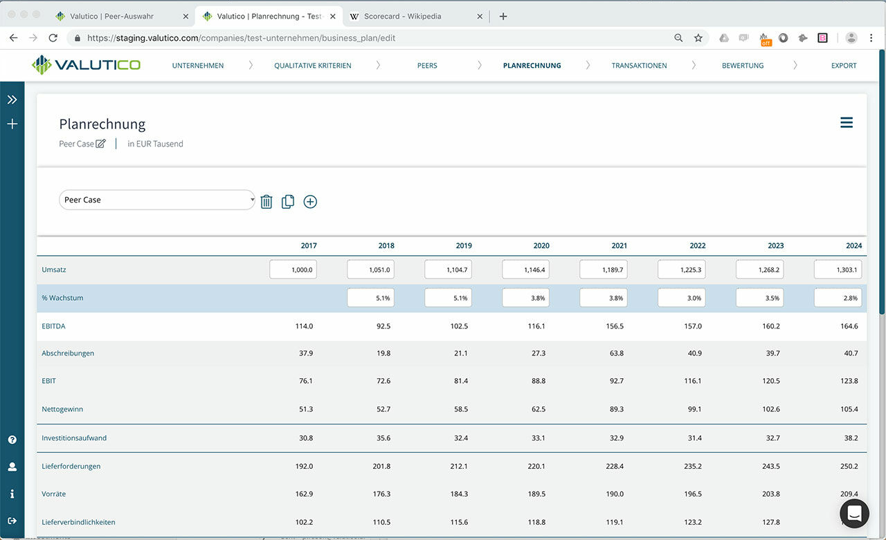 Zur Erstellung der der Bewertung zugrunde liegenden Planrechnung bietet Valutico verschiedene Alternativen: Eine einfache Online-Maske, ein integriertes Excel-basiertes Planungsmodell von Valutico oder aber auch den Upload eigener Planungsmodelle als Excel bzw. CSV.