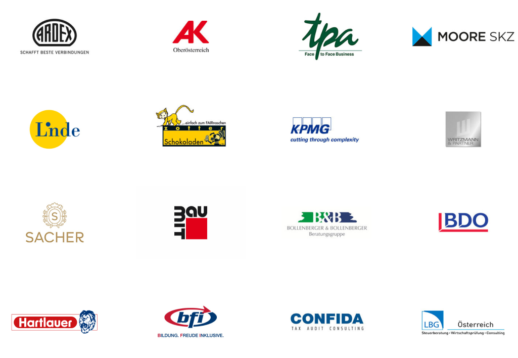 Auswahl an Referenzkunden von BMD von Unternehmen bis Steuerberatung. 