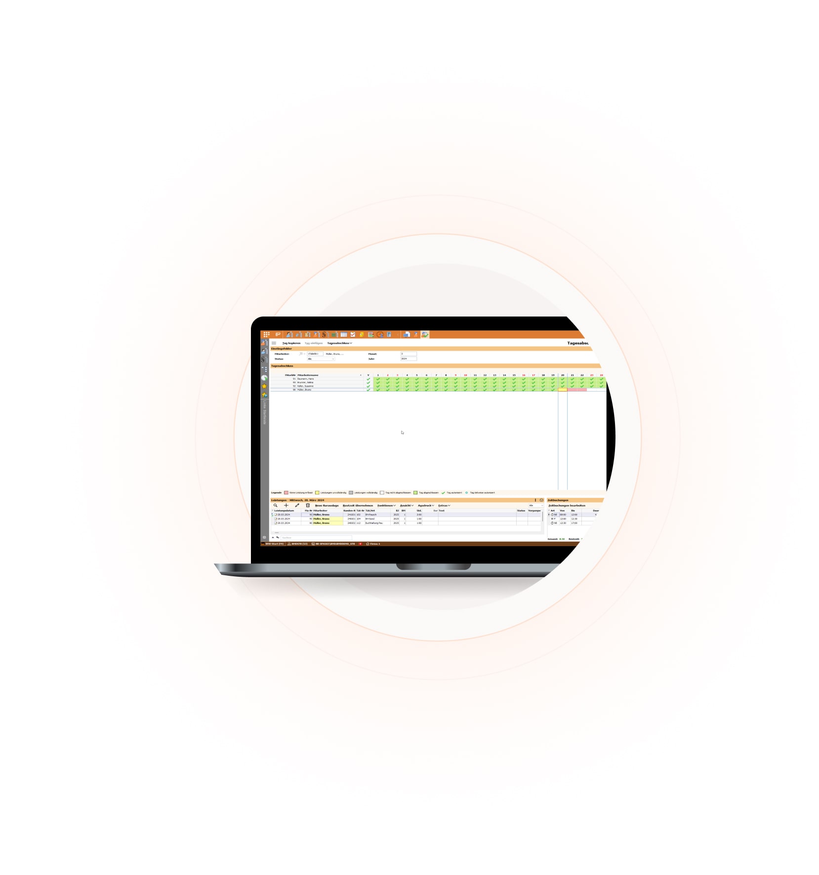 Screenshot des Tagesabschlusses in der BMD Projektzeiterfassungssoftware
