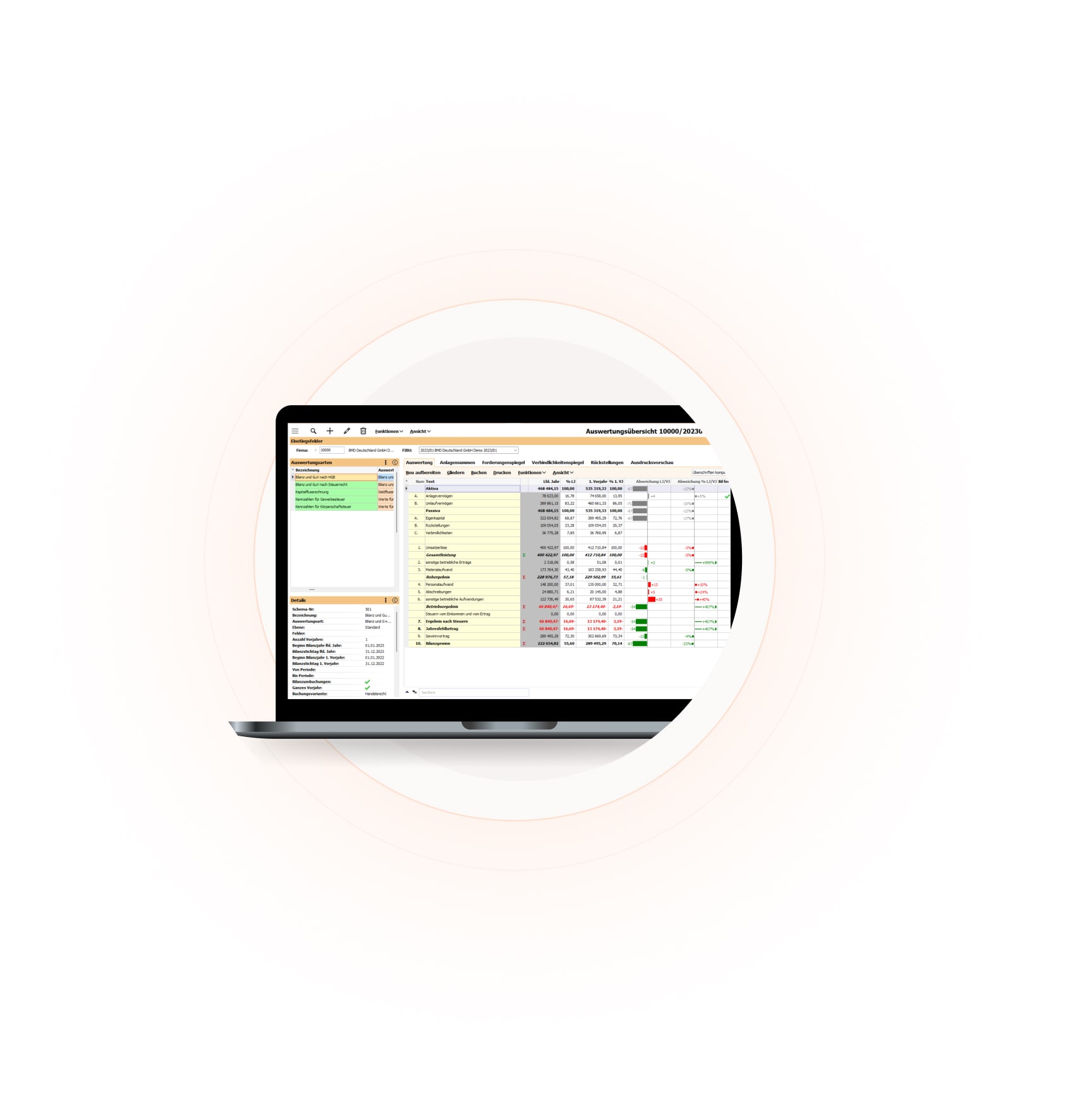BMD Jahresabschlusssoftware Auswertungsübersicht Screenshot der Auswertungsübersicht in der BMD Jahresabschlusssoftware