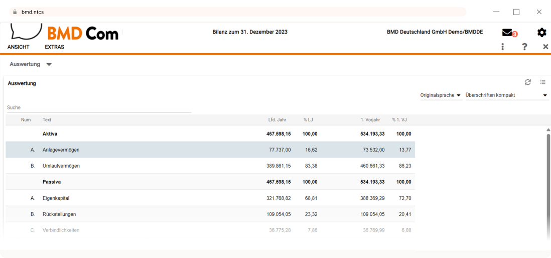 BMD Bilanz in BMD Com Mandantenplattform Screenshot BMD Com Mandantenplattform mit Bilanz