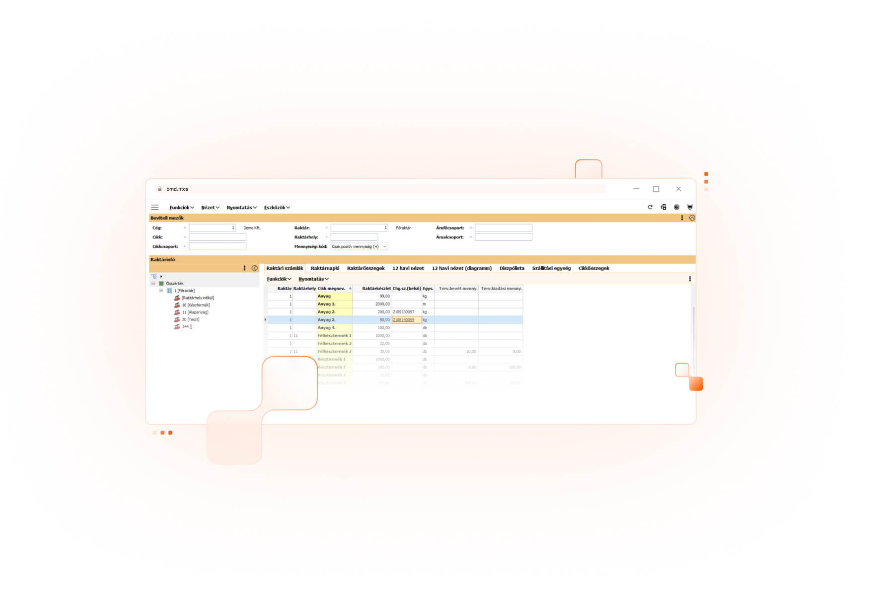 Pillanatkép a BMD árukezelésről a raktár áttekintésével.