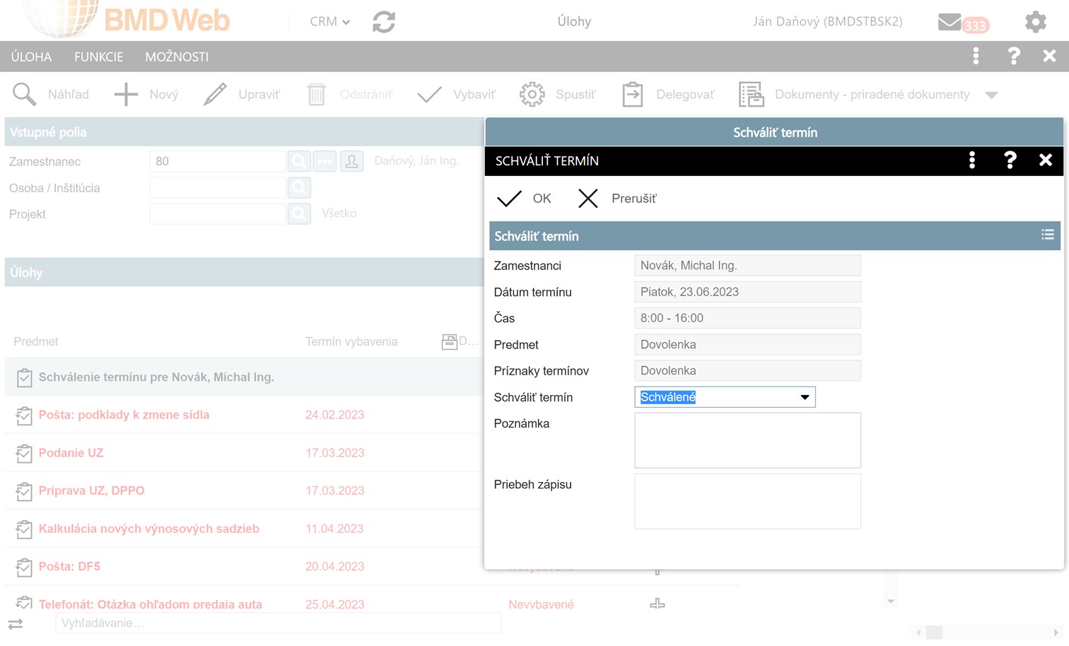 Schvaľovanie dovolenky nadriadeným cez BMD Web [© BMD]